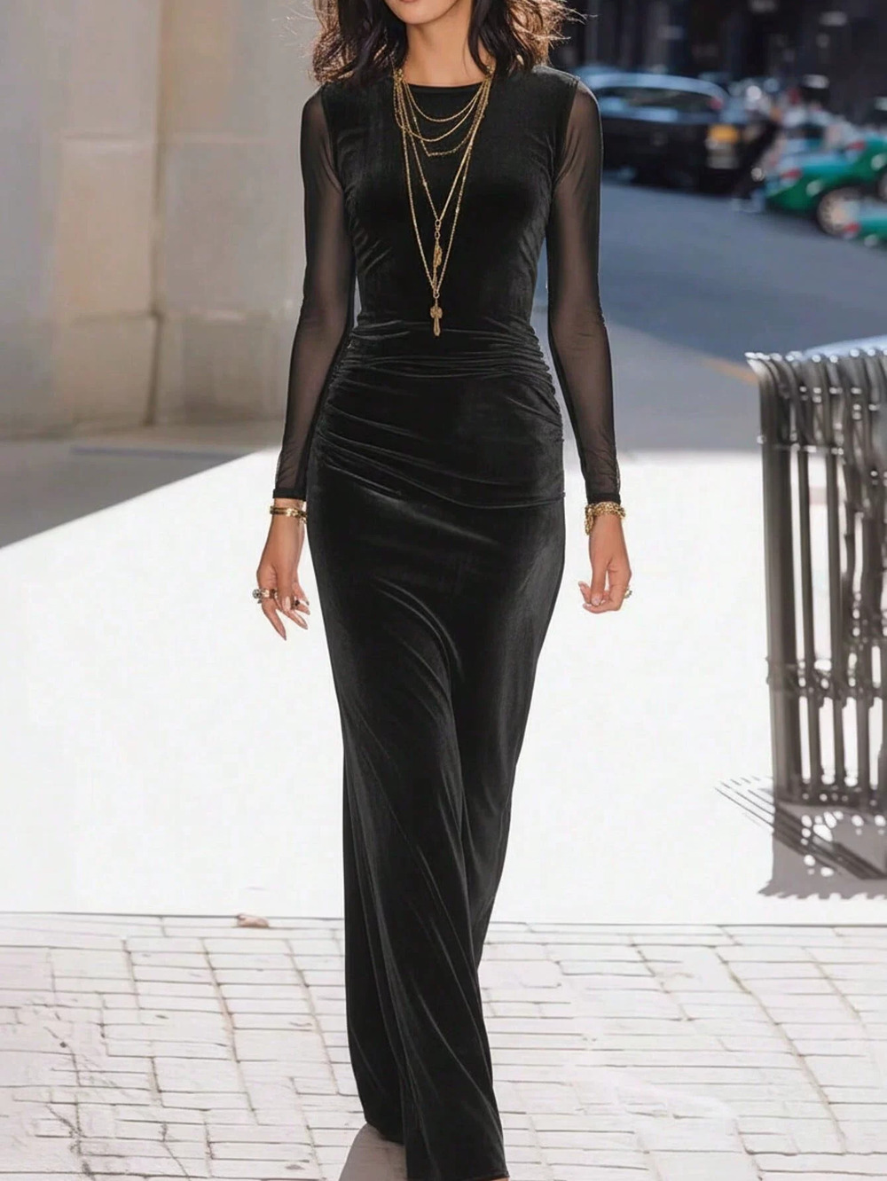 ZARA Black Velvet Mesh Long Sleeve Dress Waist Defining Slimming Elegant
